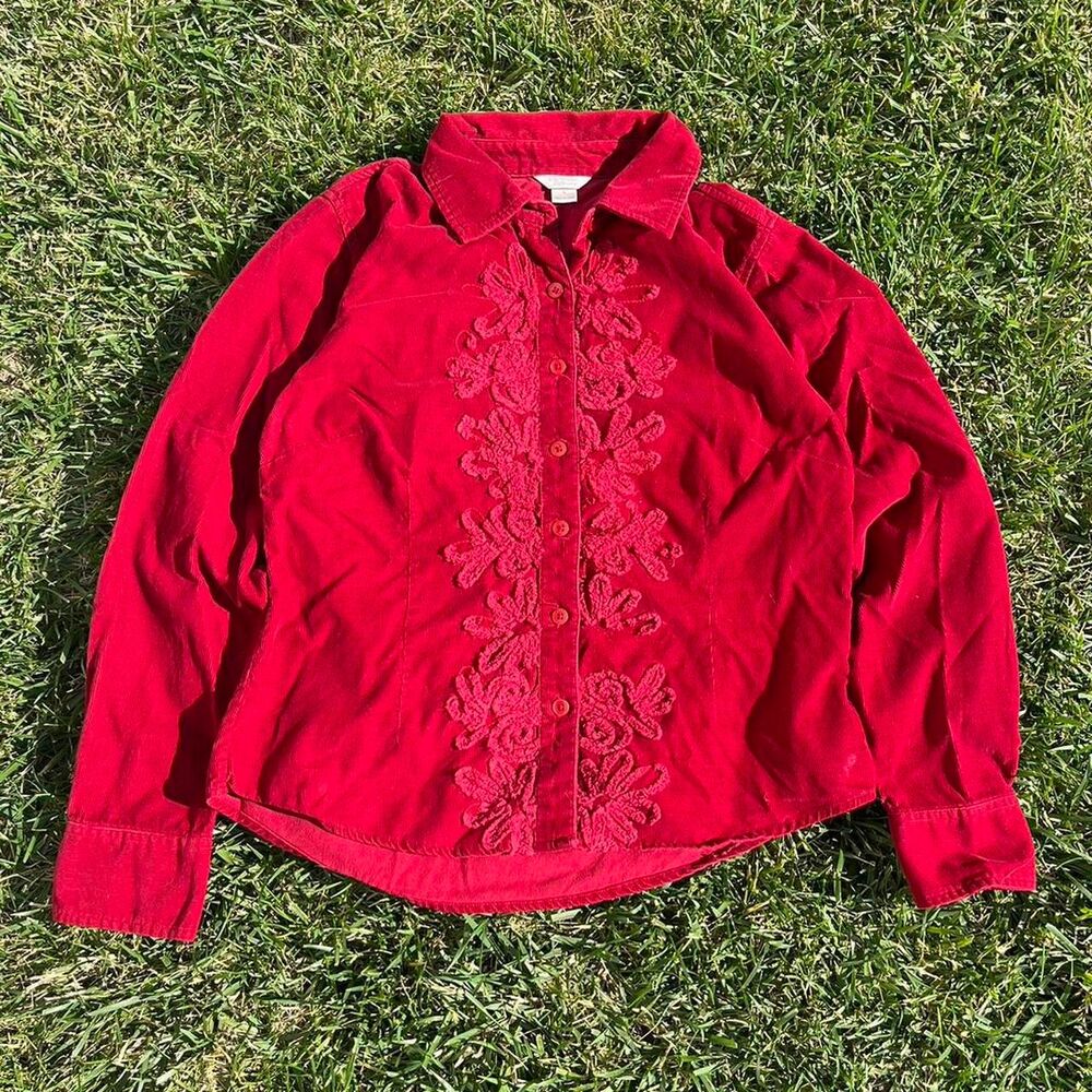 Vintage Christopher & Banks Embroidered Red Button Up Blouse